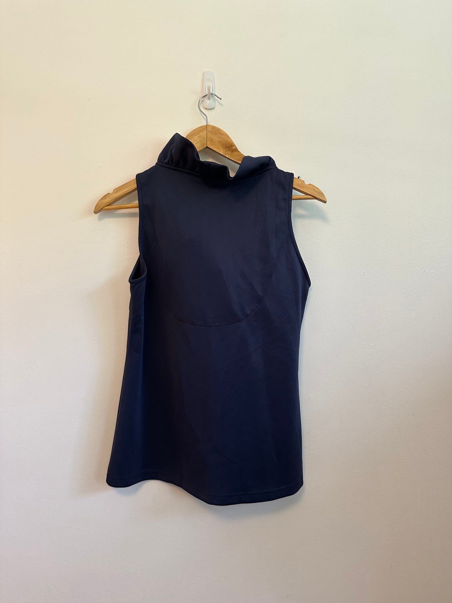 Gretchen Scott Navy Blue Ruffle Neck Sleeveless Top | Size Small