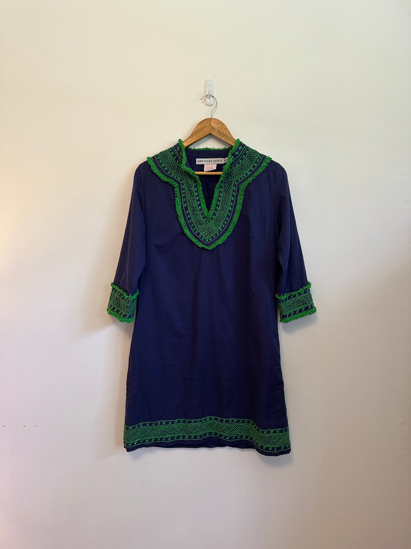 Gretchen Scott Navy Blue and Green Embroidered Fringe Cotton Tunic | Size Medium