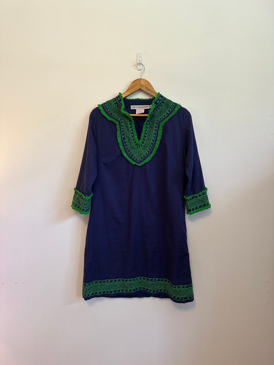 Gretchen Scott Navy Blue and Green Embroidered Fringe Cotton Tunic | Size Medium
