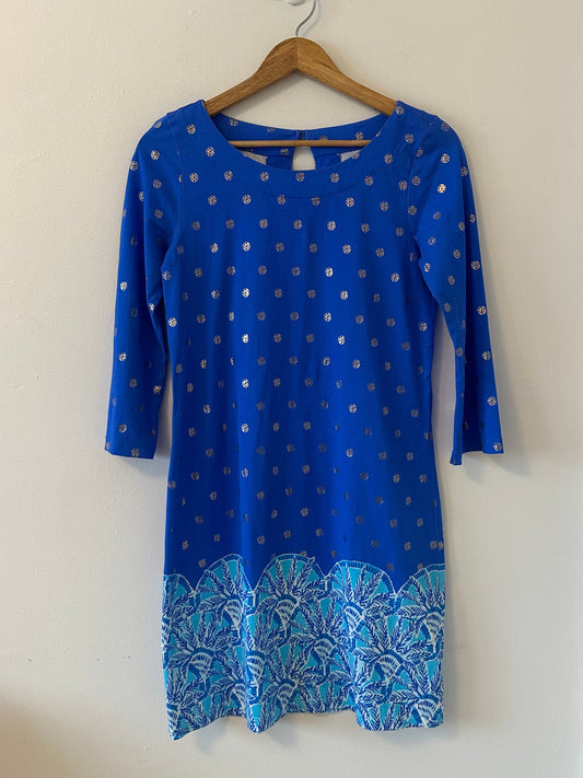 Lilly Pulitzer Cotton Bay Dress in Blue Grotto with Gold Print | Size Small