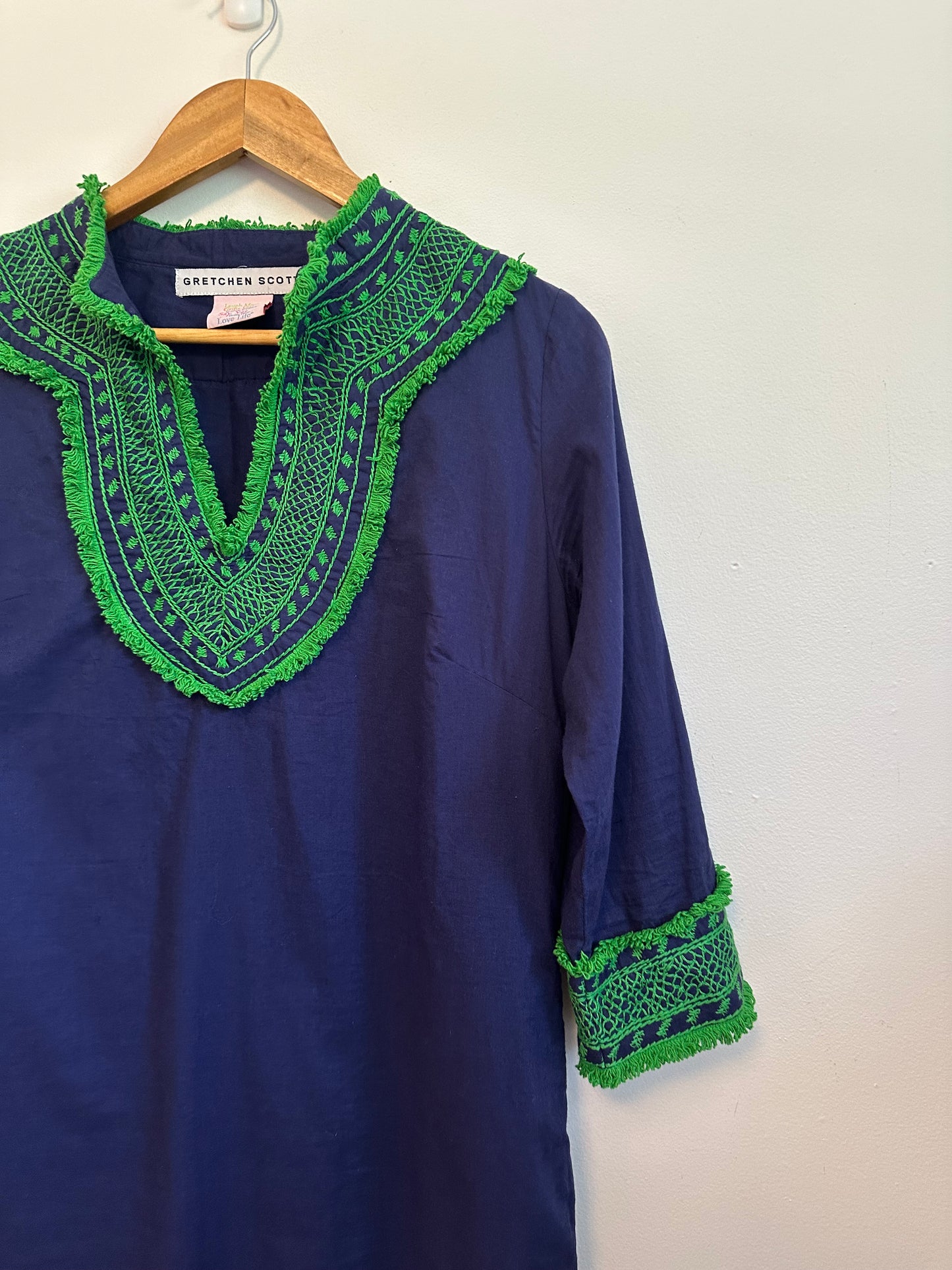 Gretchen Scott Navy Blue and Green Embroidered Fringe Cotton Tunic | Size Medium