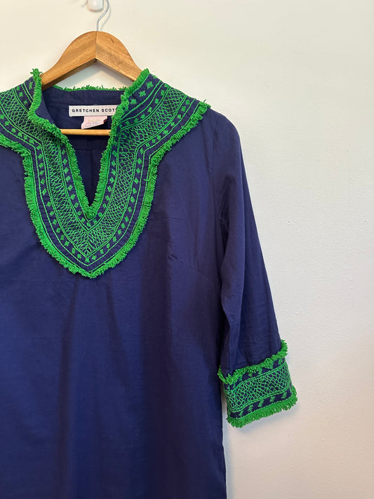 Gretchen Scott Navy Blue and Green Embroidered Fringe Cotton Tunic | Size Medium