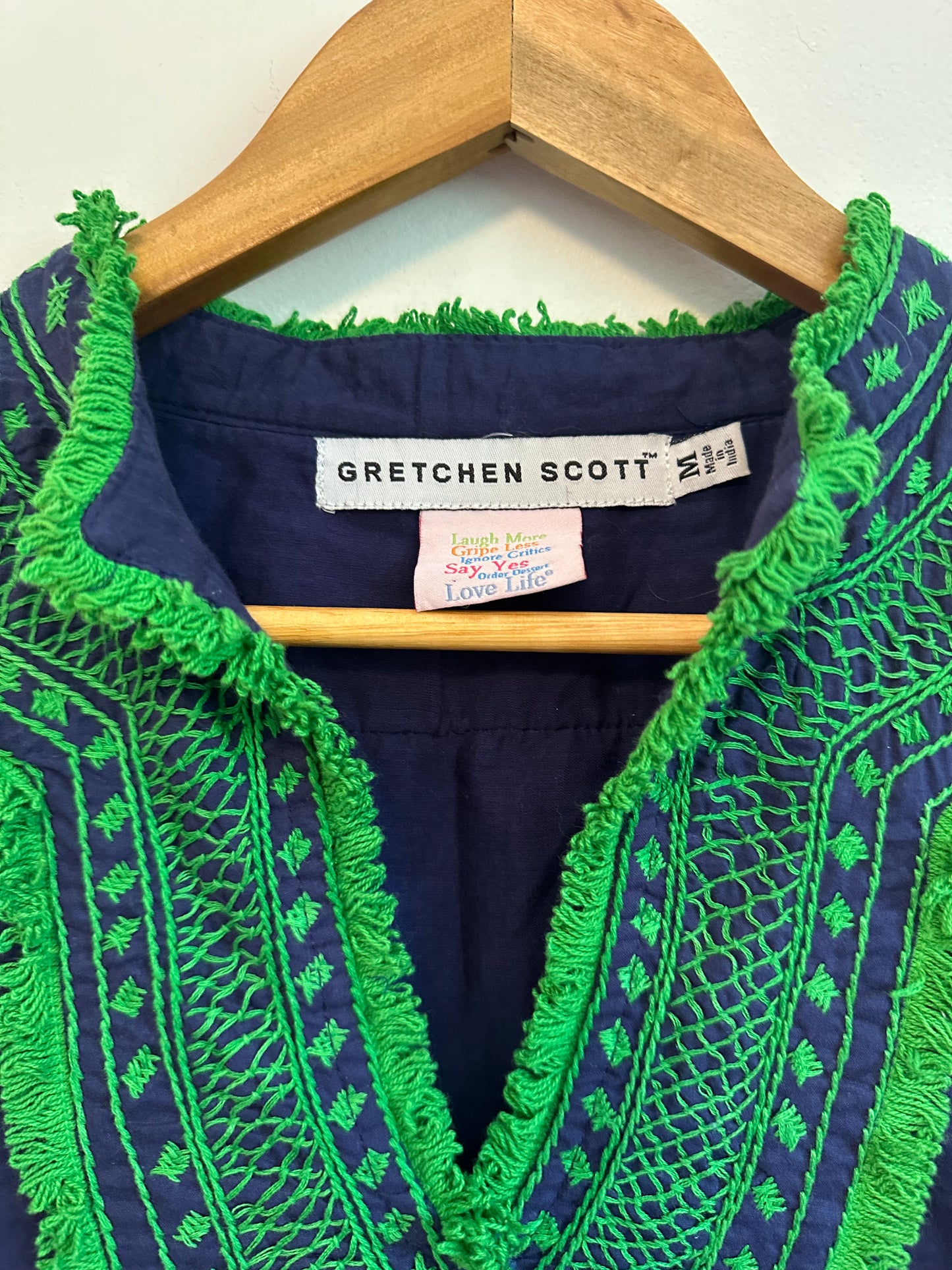 Gretchen Scott Navy Blue and Green Embroidered Fringe Cotton Tunic | Size Medium