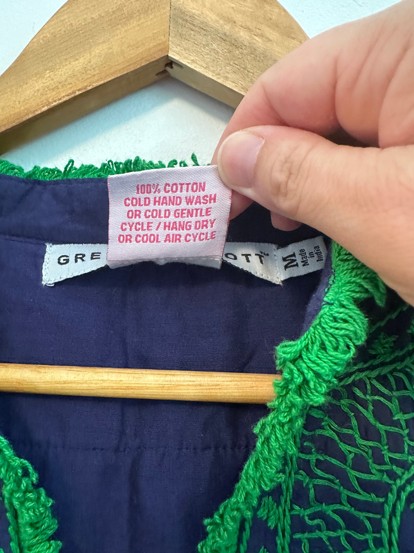 Gretchen Scott Navy Blue and Green Embroidered Fringe Cotton Tunic | Size Medium