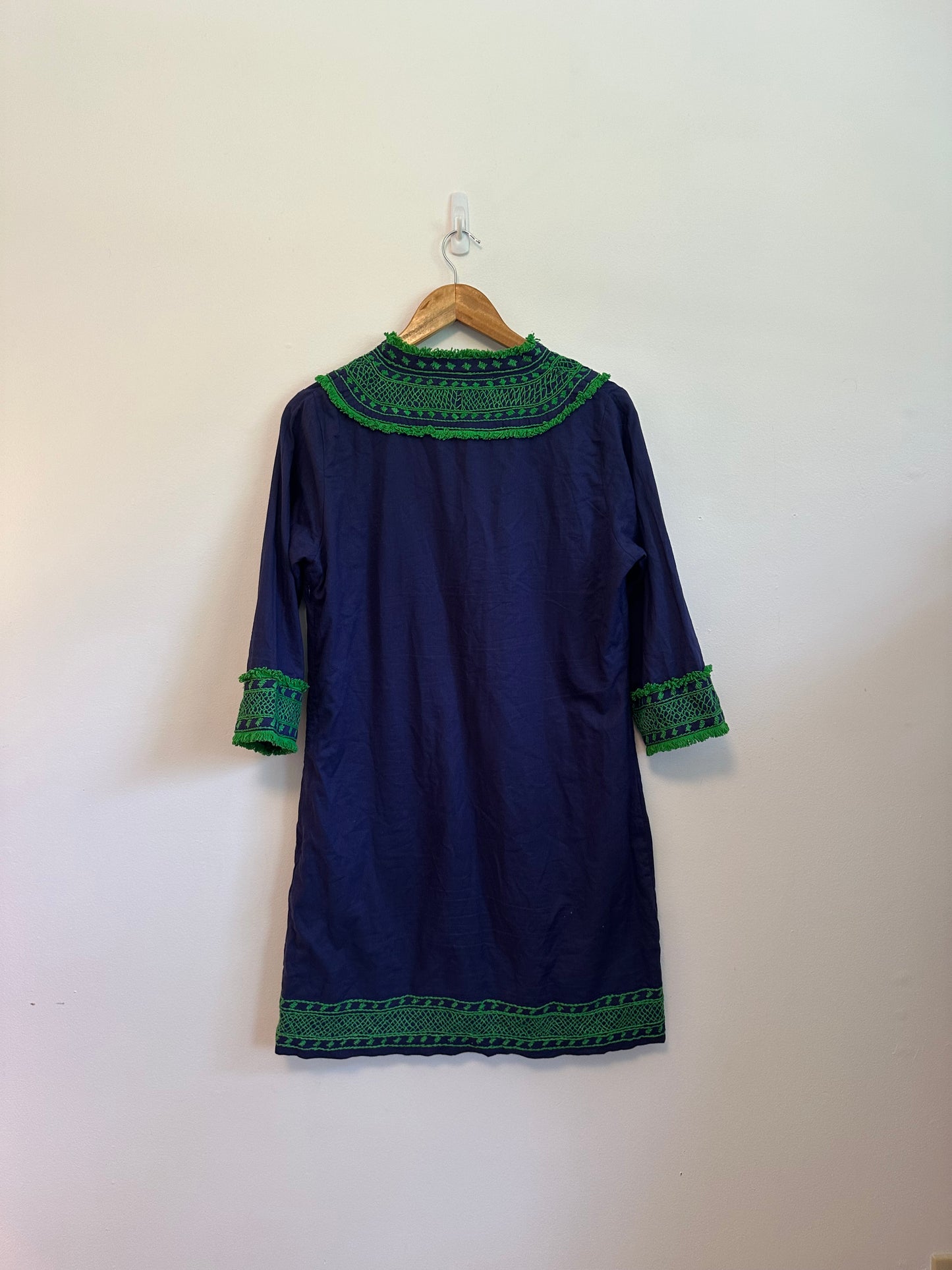 Gretchen Scott Navy Blue and Green Embroidered Fringe Cotton Tunic | Size Medium