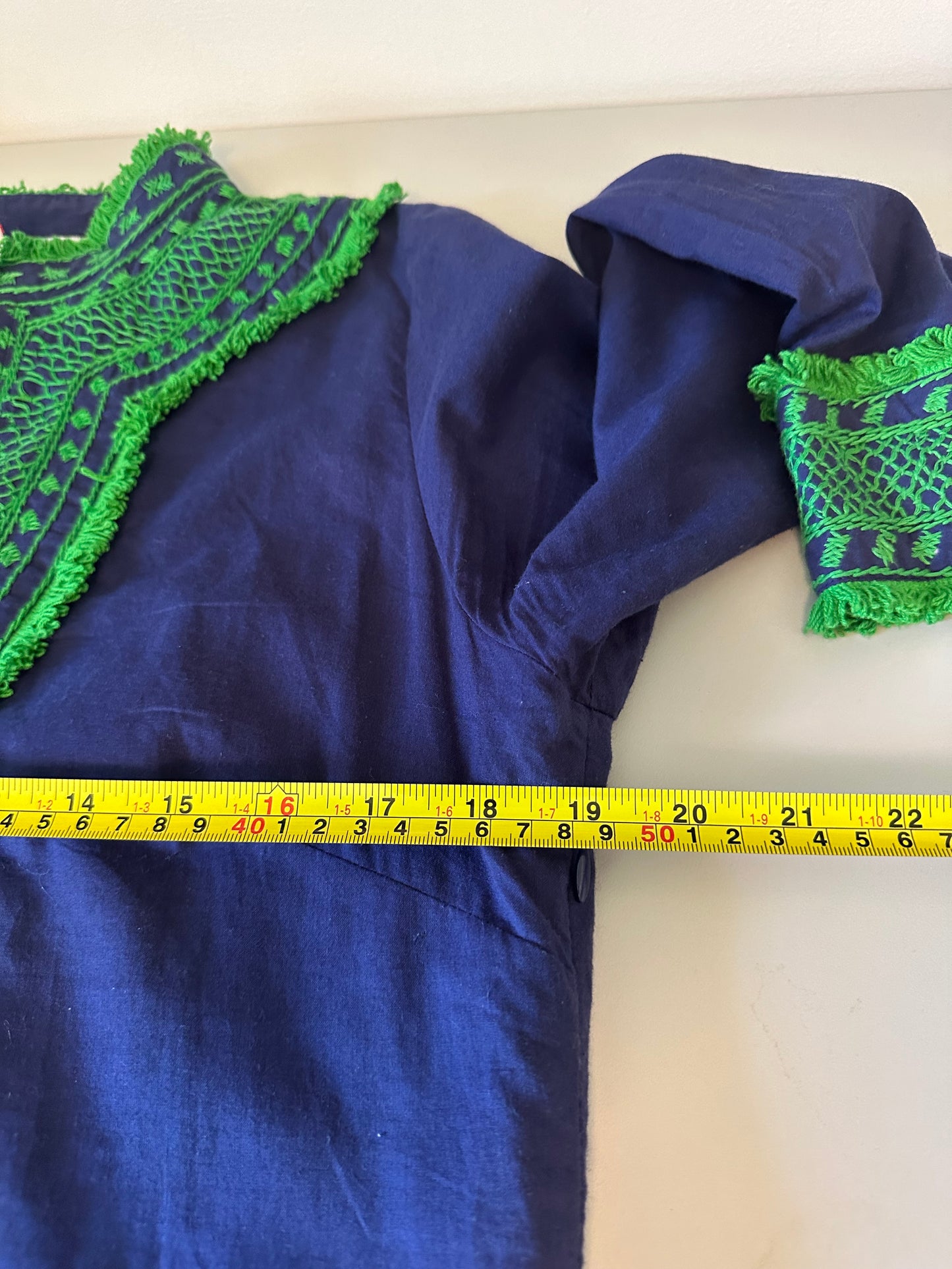 Gretchen Scott Navy Blue and Green Embroidered Fringe Cotton Tunic | Size Medium