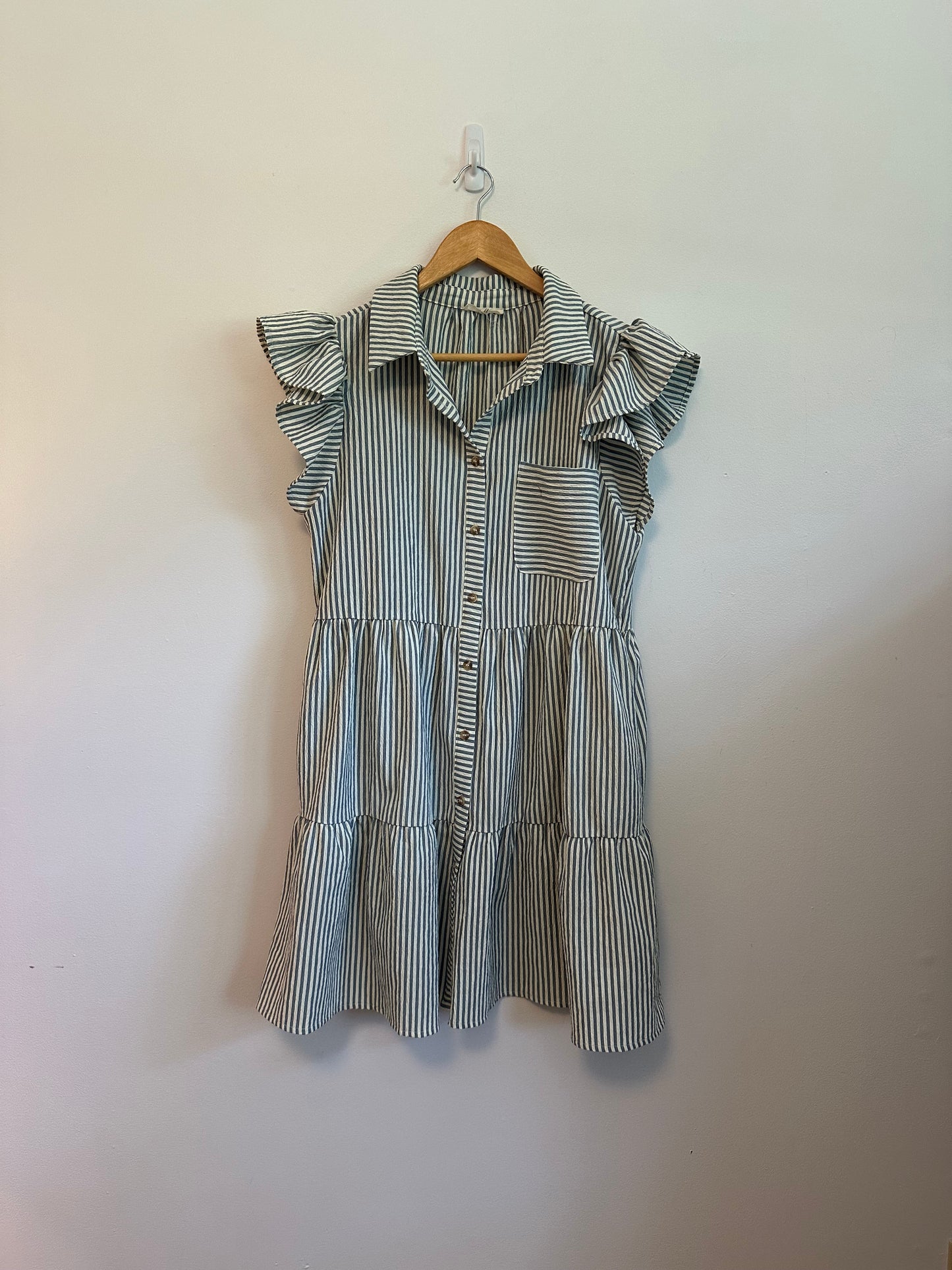 Easel Los Angeles Striped Ruffle Sleeve Button Down Tiered Babydoll Dress | Size Medium