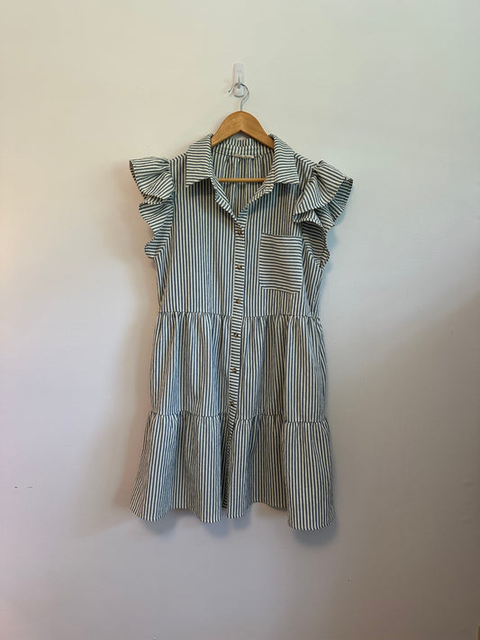 Easel Los Angeles Striped Ruffle Sleeve Button Down Tiered Babydoll Dress | Size Medium