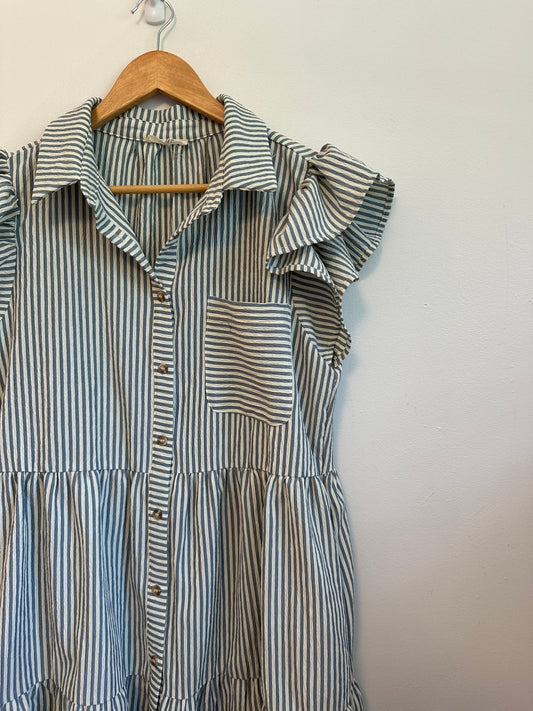 Easel Los Angeles Striped Ruffle Sleeve Button Down Tiered Babydoll Dress | Size Medium