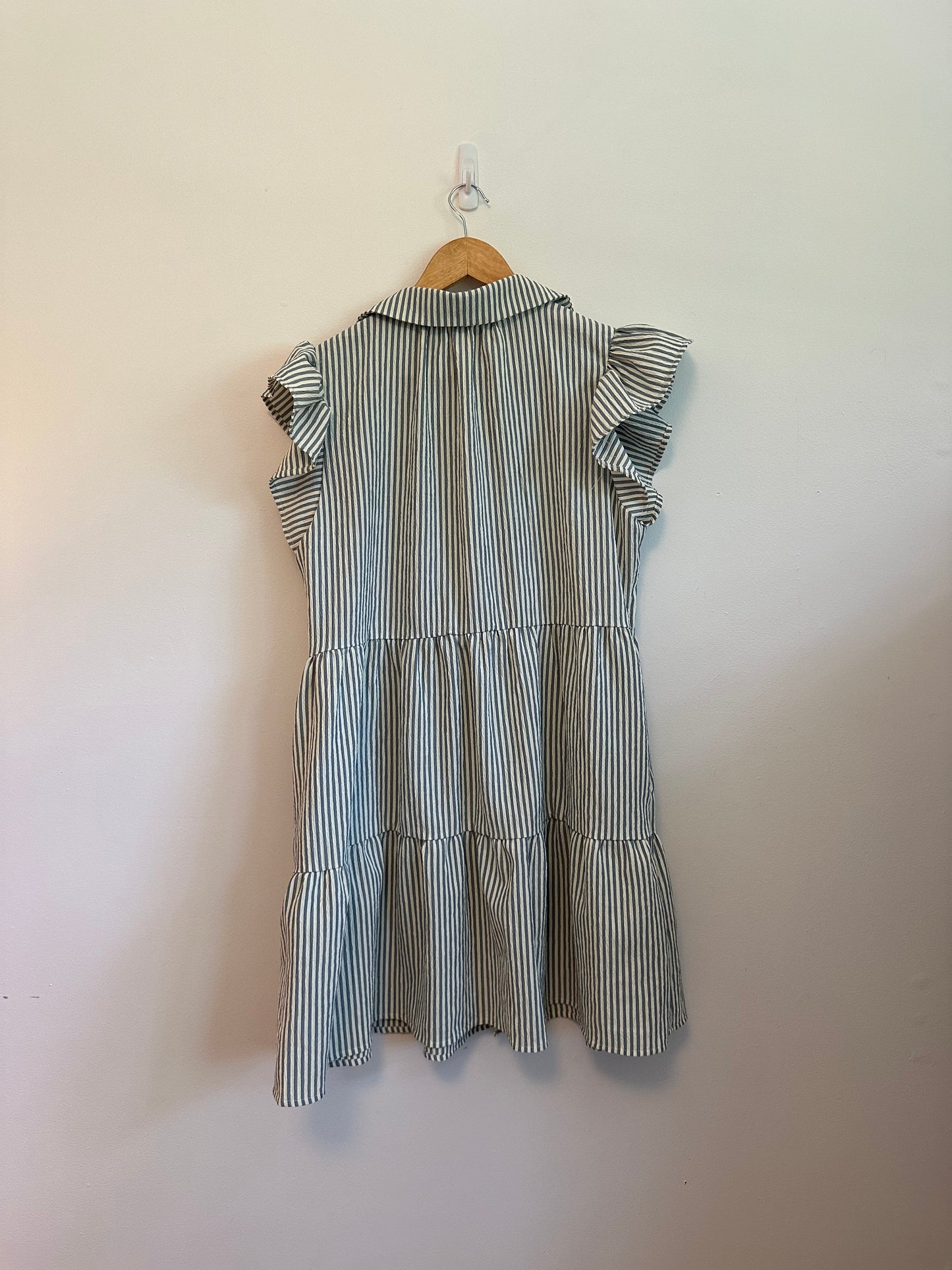 Easel Los Angeles Striped Ruffle Sleeve Button Down Tiered Babydoll Dress | Size Medium