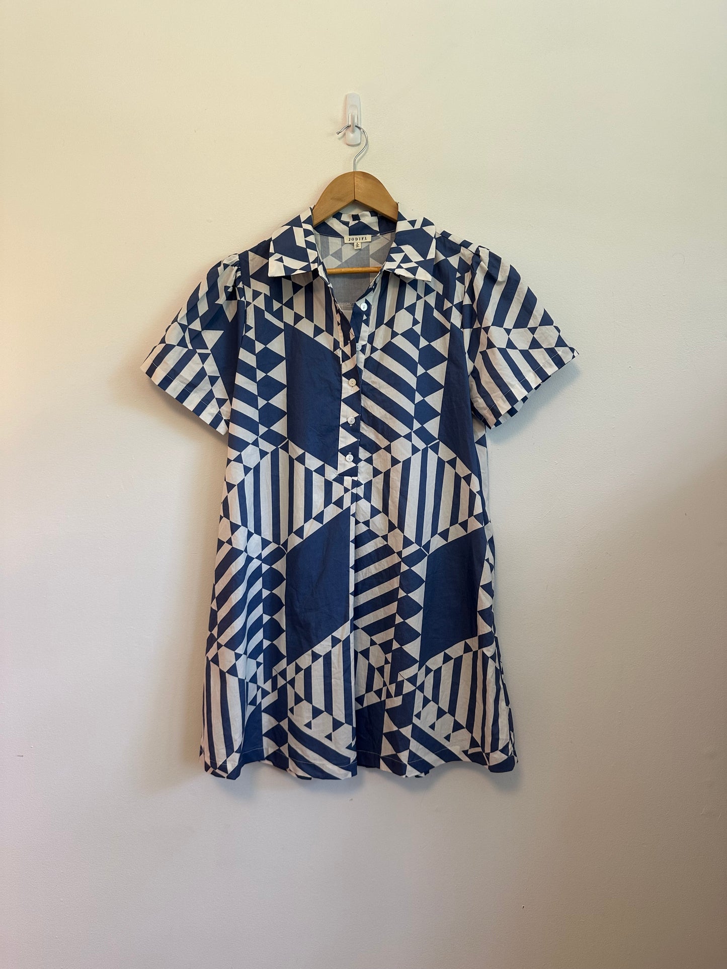 Jodifl Navy Blue and White Geometric Triangle Print Cotton Mini Dress | Size Small