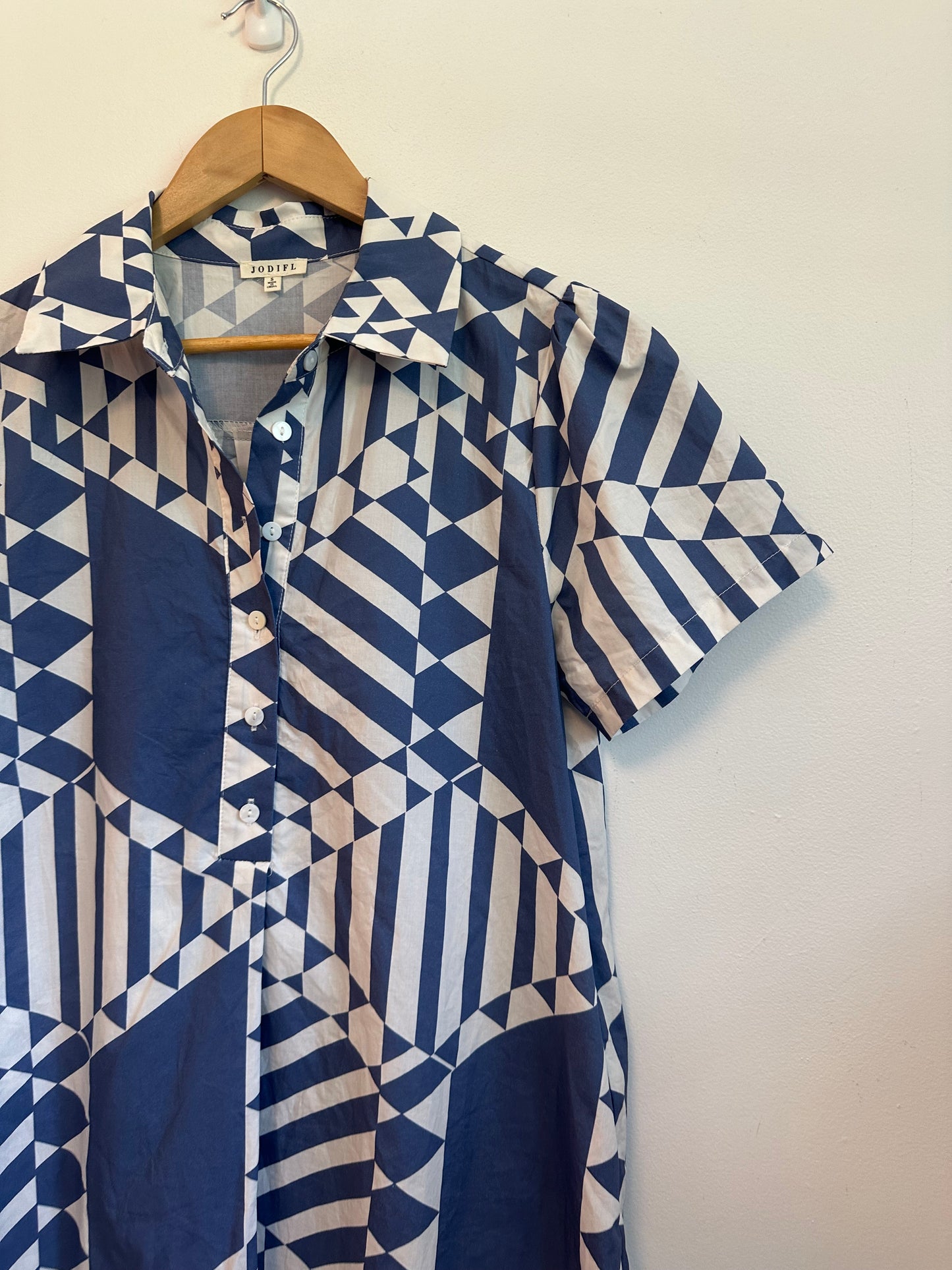 Jodifl Navy Blue and White Geometric Triangle Print Cotton Mini Dress | Size Small