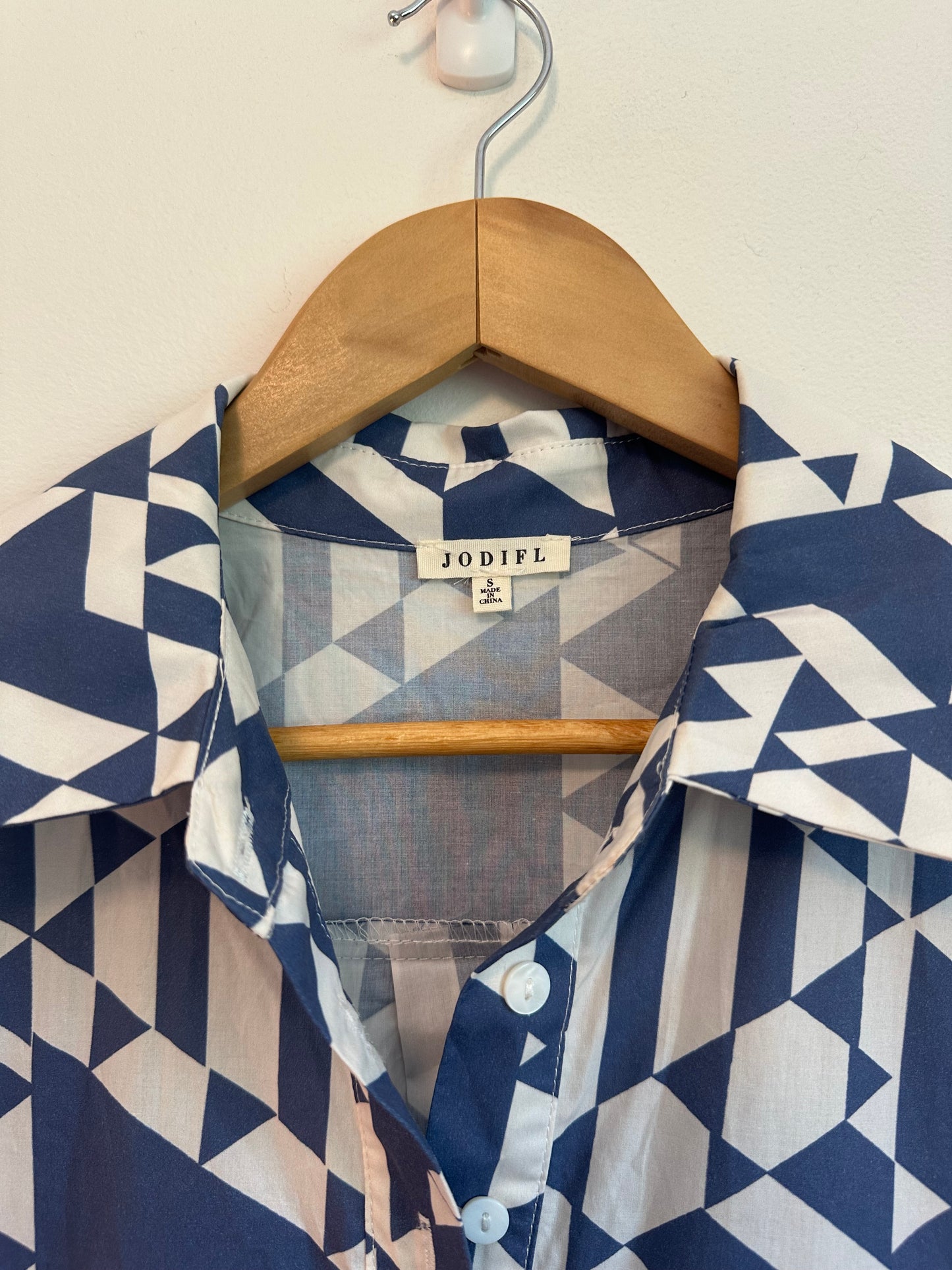 Jodifl Navy Blue and White Geometric Triangle Print Cotton Mini Dress | Size Small