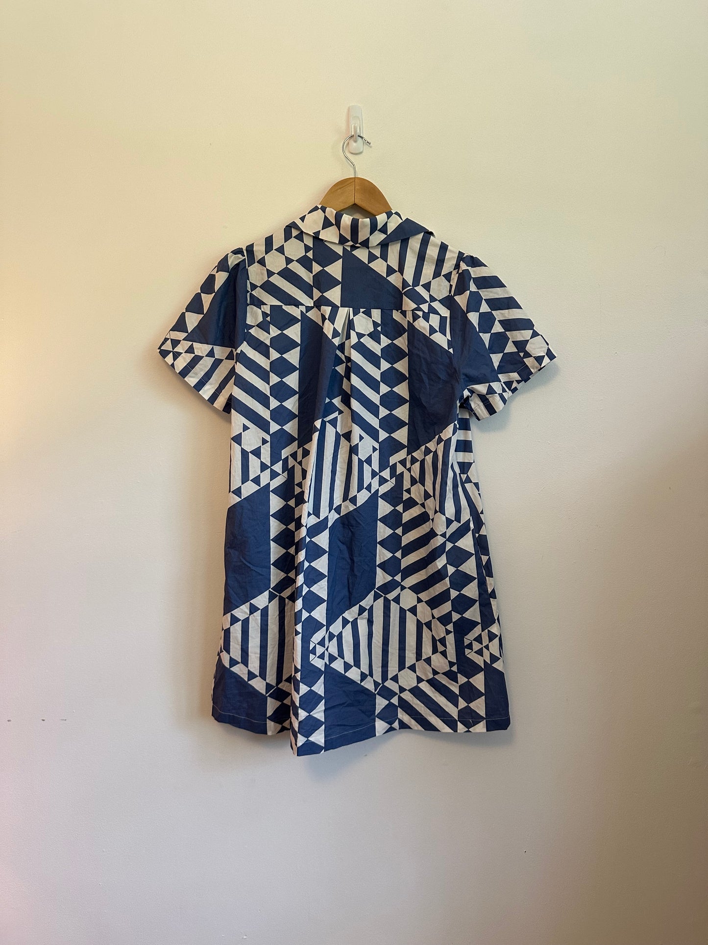 Jodifl Navy Blue and White Geometric Triangle Print Cotton Mini Dress | Size Small