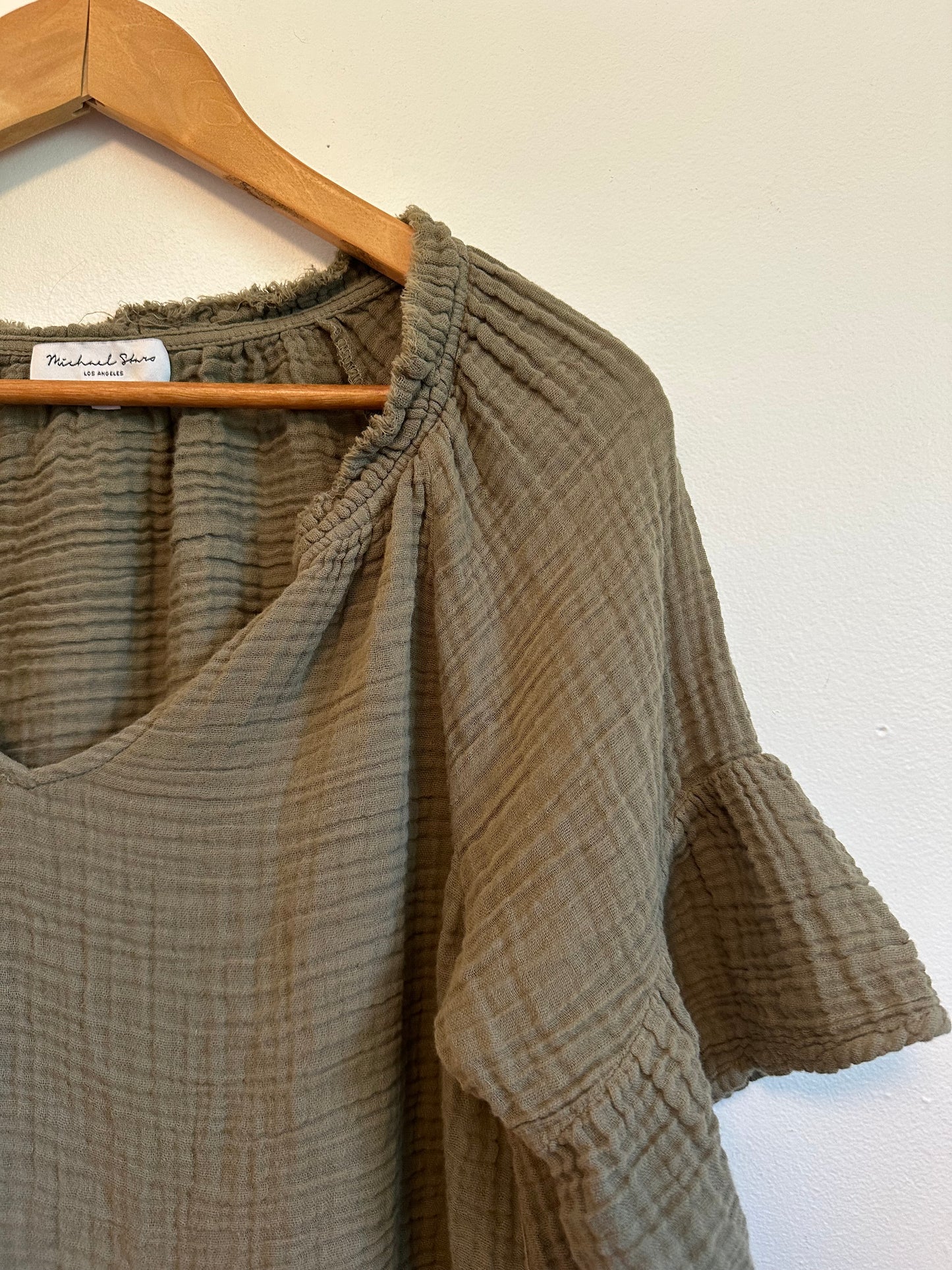 Michael Stars Cotton Gauze Ruffle Sleeve V-Neck Blouse in Olive Green | Size Small