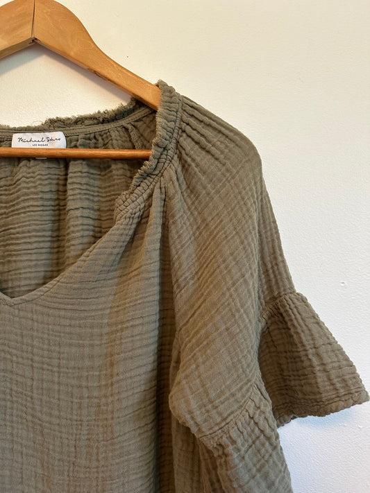 Michael Stars Cotton Gauze Ruffle Sleeve V-Neck Blouse in Olive Green | Size Small