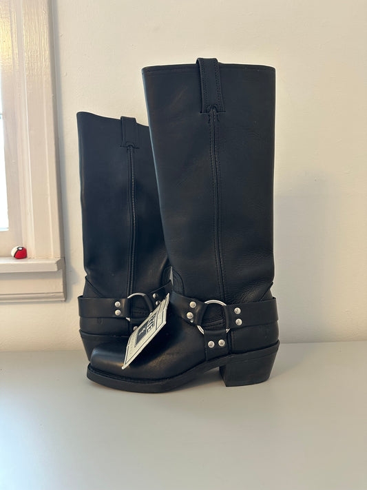 NWT Frye Harness High Boots in Glossy Black "Greasy" Leather | Size 6.5