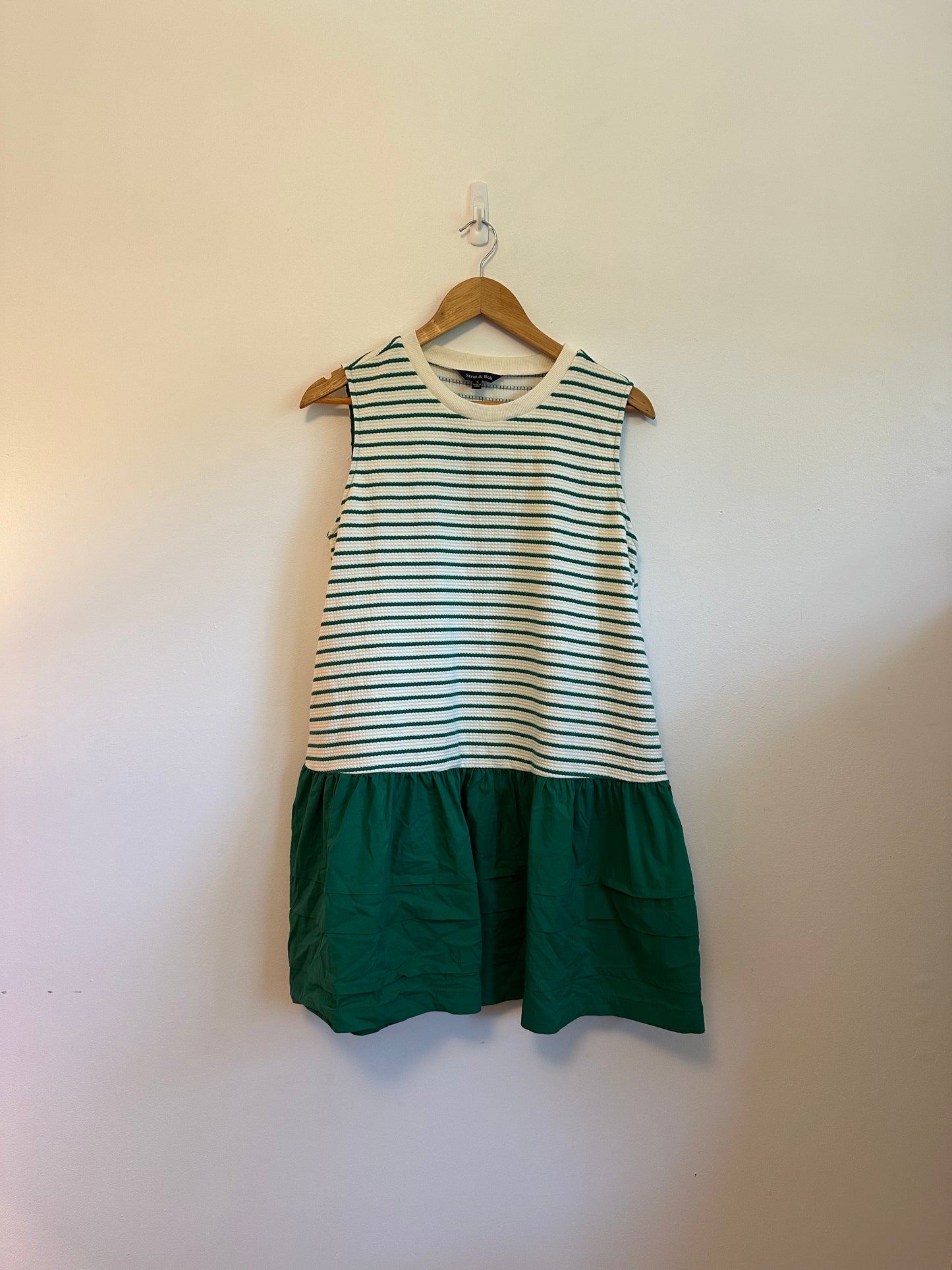 Strut & Bolt Green and White Striped Mixed Media Tiered Mini Dress | Size Small