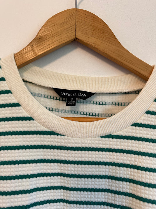 Strut & Bolt Green and White Striped Mixed Media Tiered Mini Dress | Size Small
