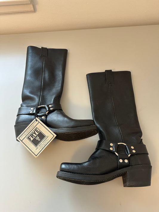 NWT Frye Harness High Boots in Glossy Black "Greasy" Leather | Size 6.5