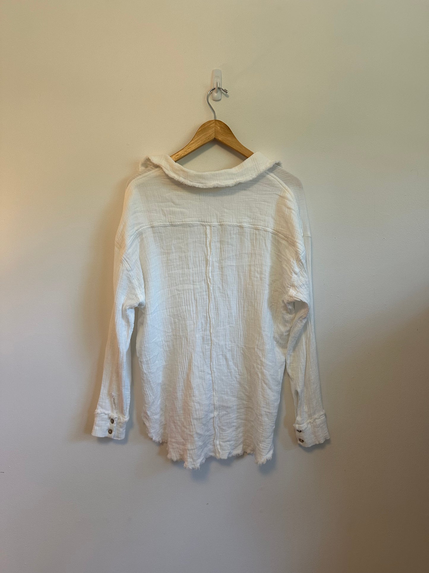 Miou Muse White Cotton Gauze Raw Hem Button Down Shirt | Size Small