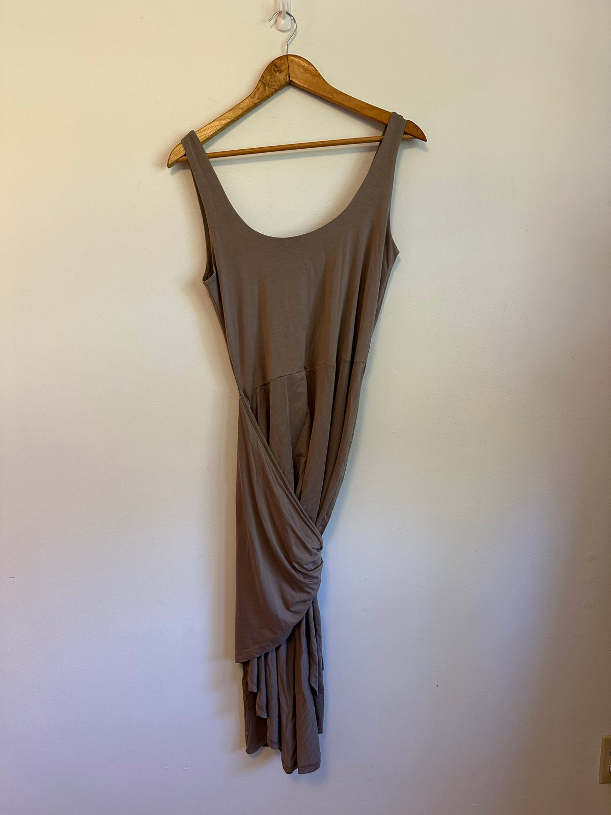 Taupe Mauve Sleeveless Wrap Midi Dress Scoop Neck Side Tie Tulip Hem