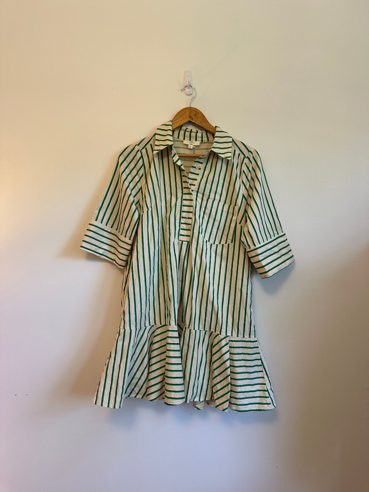 Entro Green and White Striped Drop Waist Cotton Shirt Dress | Size Small
