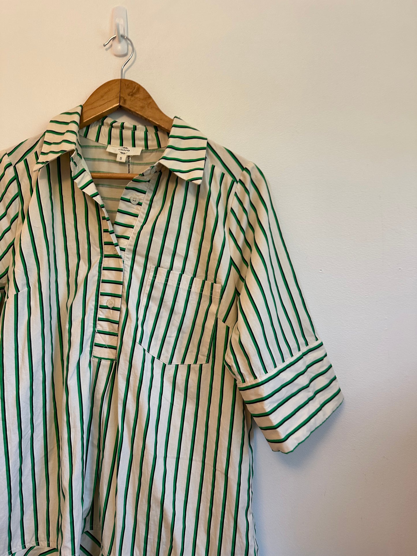 Entro Green and White Striped Drop Waist Cotton Shirt Dress | Size Small