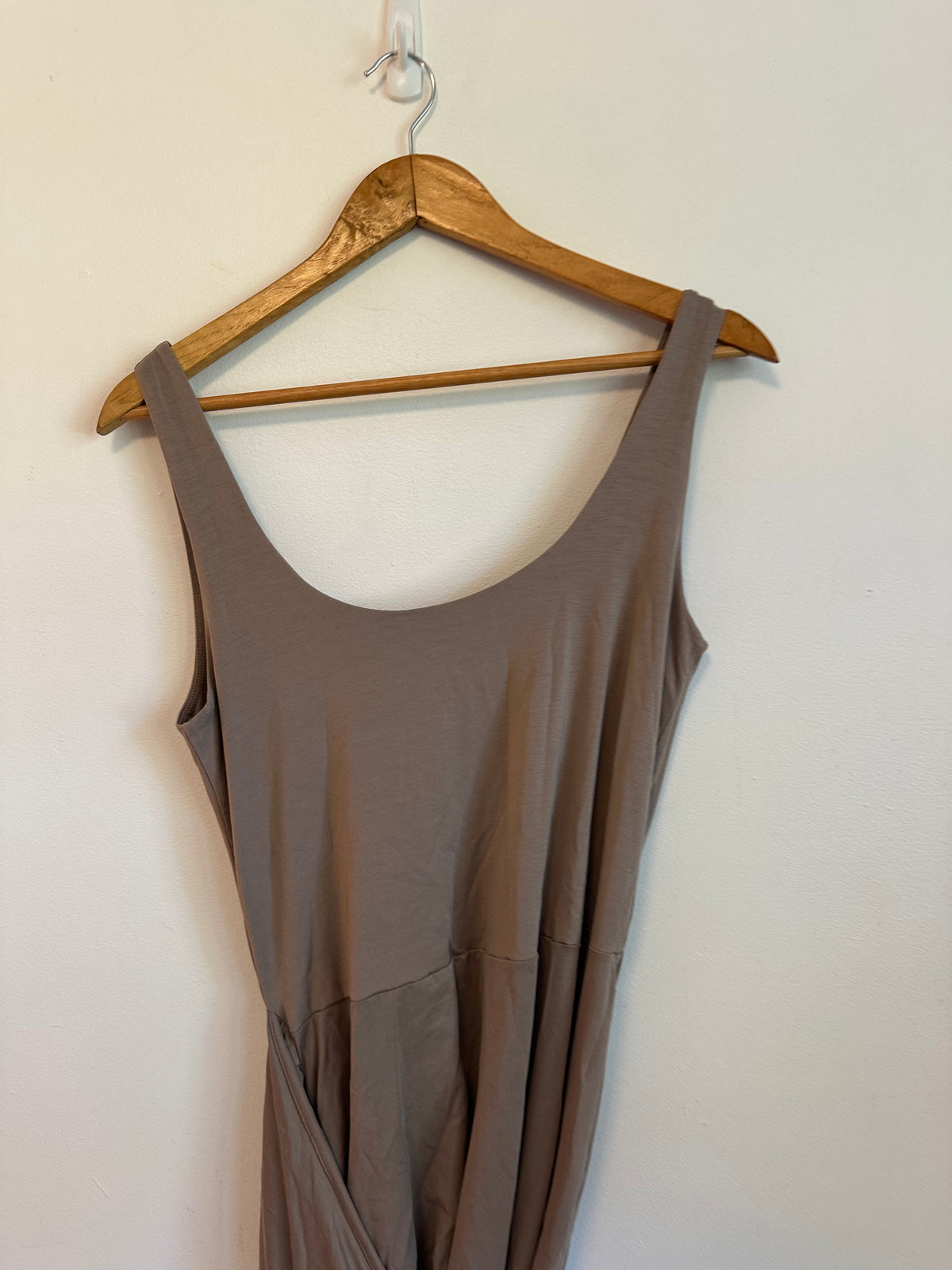 Taupe Mauve Sleeveless Wrap Midi Dress Scoop Neck Side Tie Tulip Hem