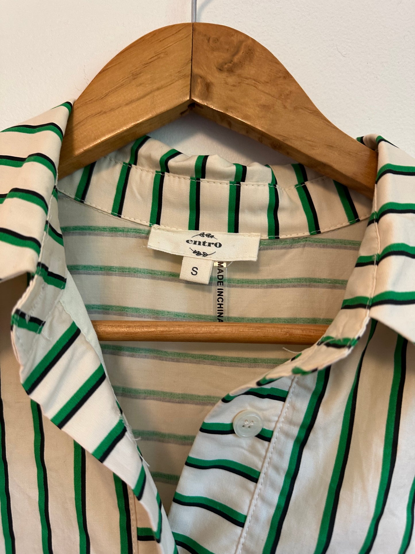 Entro Green and White Striped Drop Waist Cotton Shirt Dress | Size Small