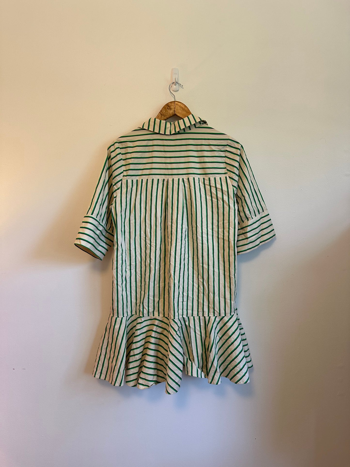 Entro Green and White Striped Drop Waist Cotton Shirt Dress | Size Small