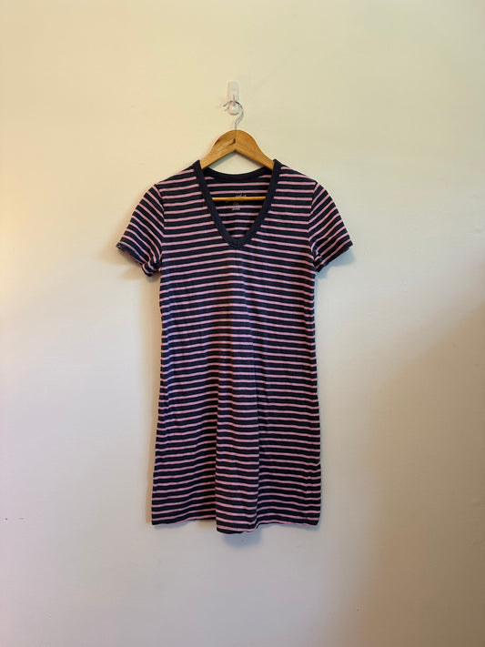 Universal Thread Navy Blue and Pink Striped V-Neck Cotton T-Shirt Dress | Size Small
