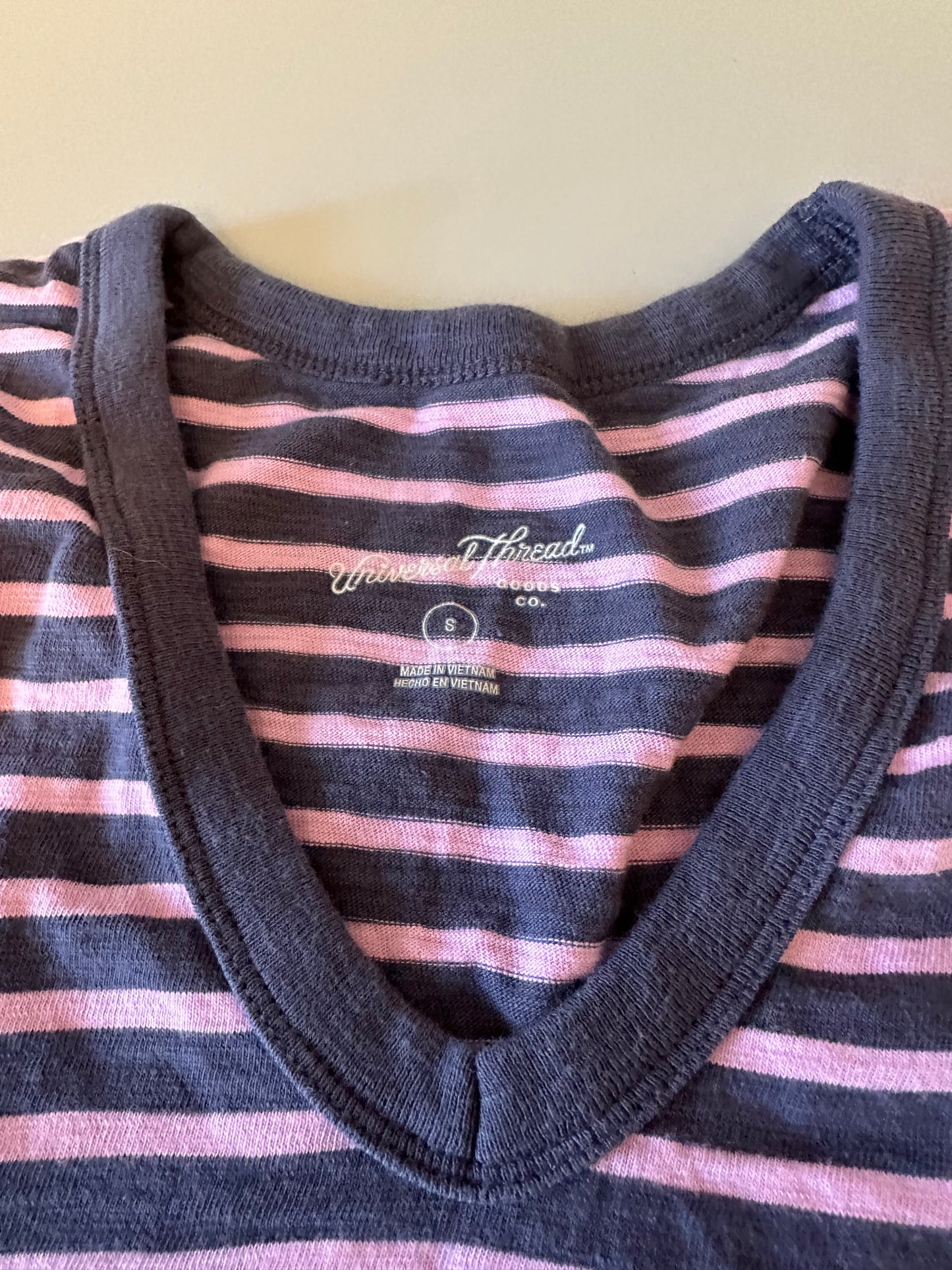 Universal Thread Navy Blue and Pink Striped V-Neck Cotton T-Shirt Dress | Size Small