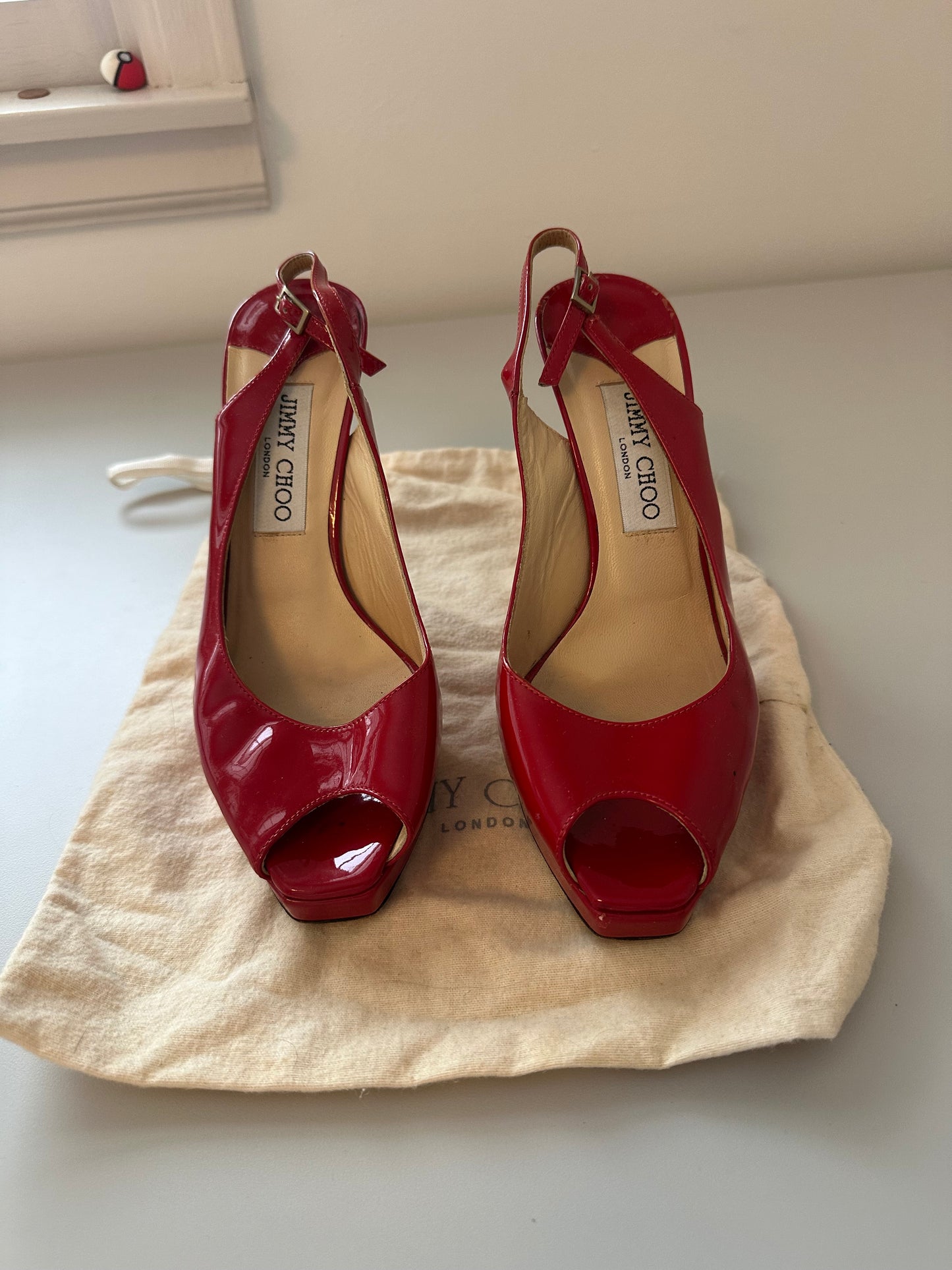 Jimmy Choo Red Patent Leather Sling Back Heels | Size 37.5