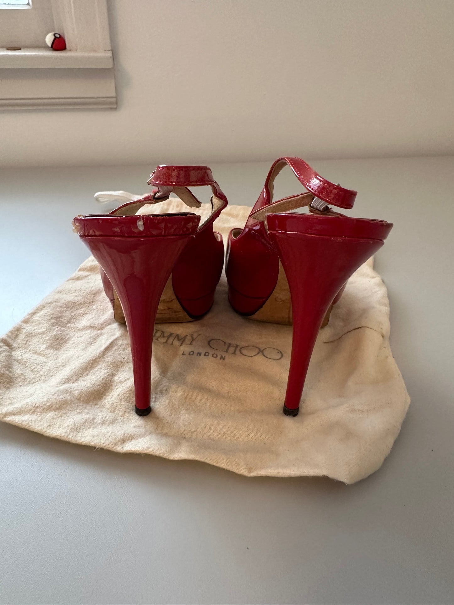 Jimmy Choo Red Patent Leather Sling Back Heels | Size 37.5