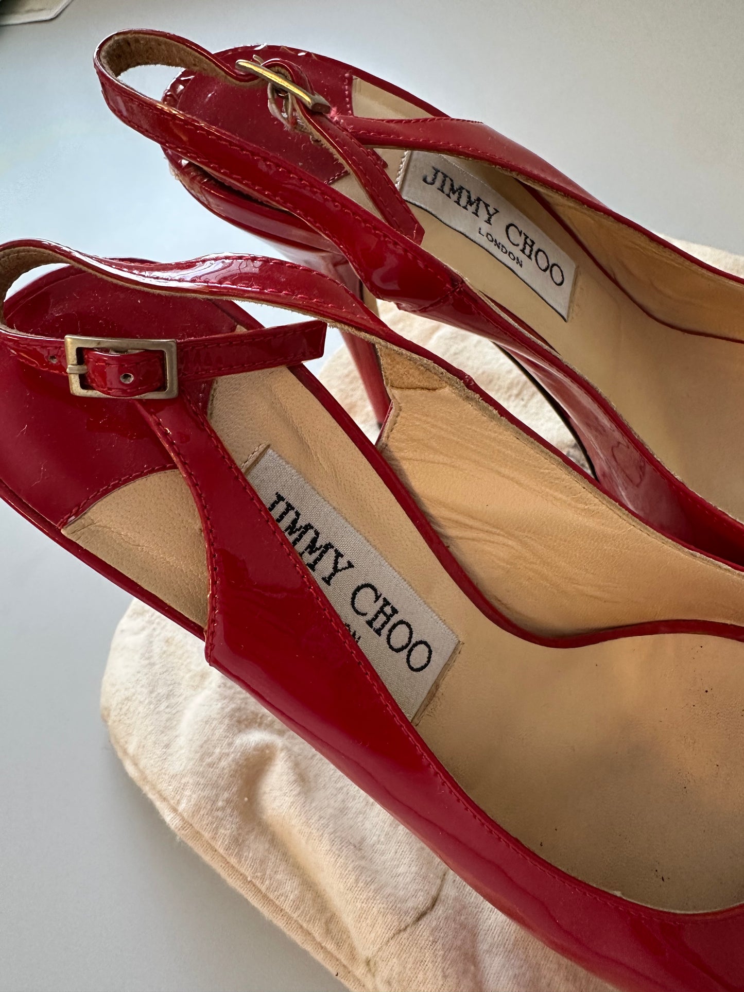 Jimmy Choo Red Patent Leather Sling Back Heels | Size 37.5