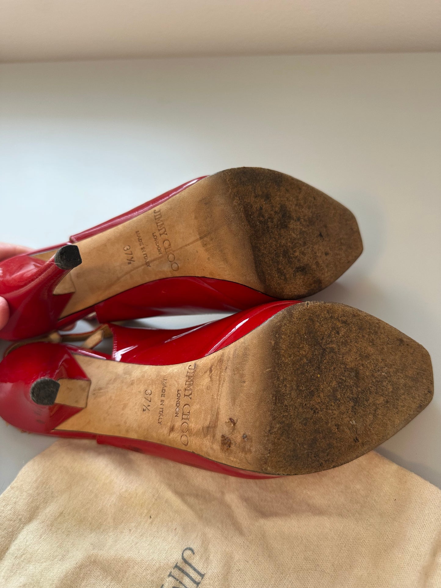 Jimmy Choo Red Patent Leather Sling Back Heels | Size 37.5
