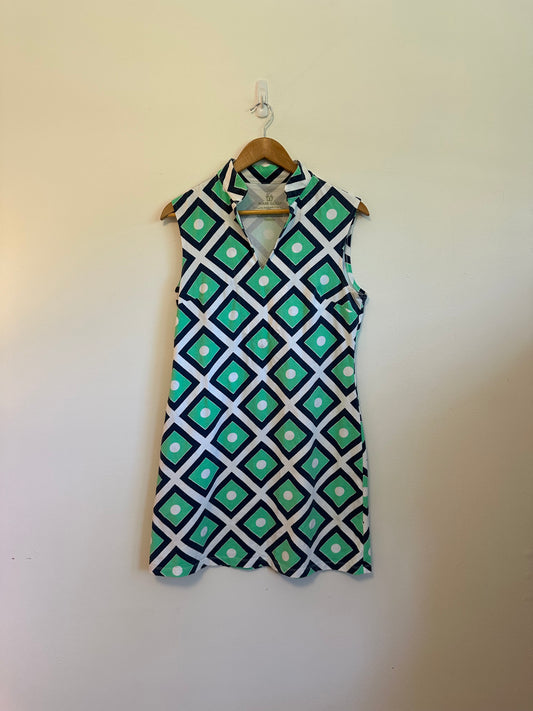Mahi Gold Geometric Diamond Print Sleeveless Shift Dress | Size Medium