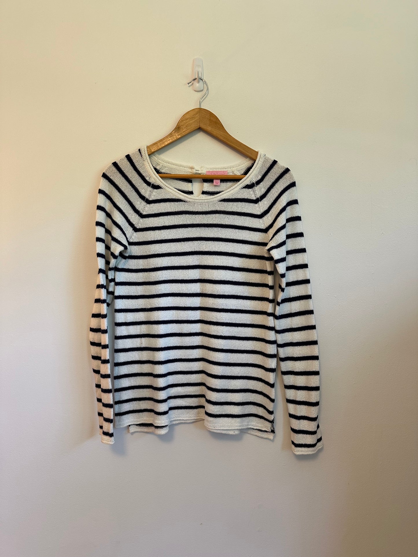Lilly Pulitzer Navy and White Striped Cotton Knit Keyhole Back Sweater | Size Small