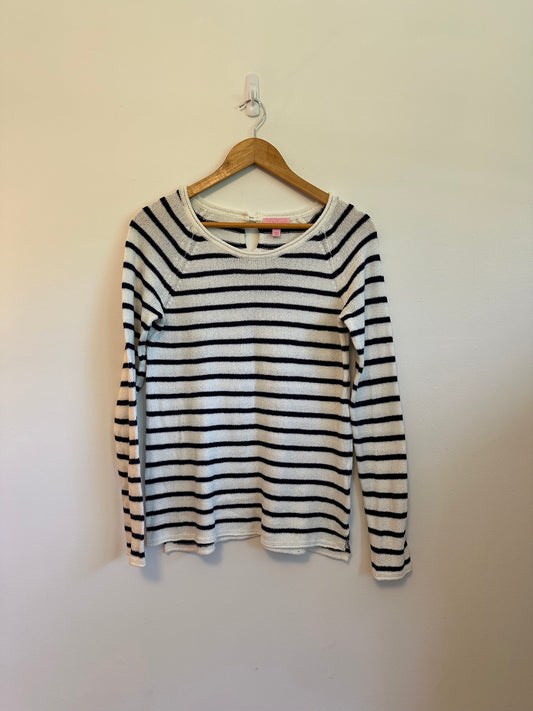 Lilly Pulitzer Navy and White Striped Cotton Knit Keyhole Back Sweater | Size Small
