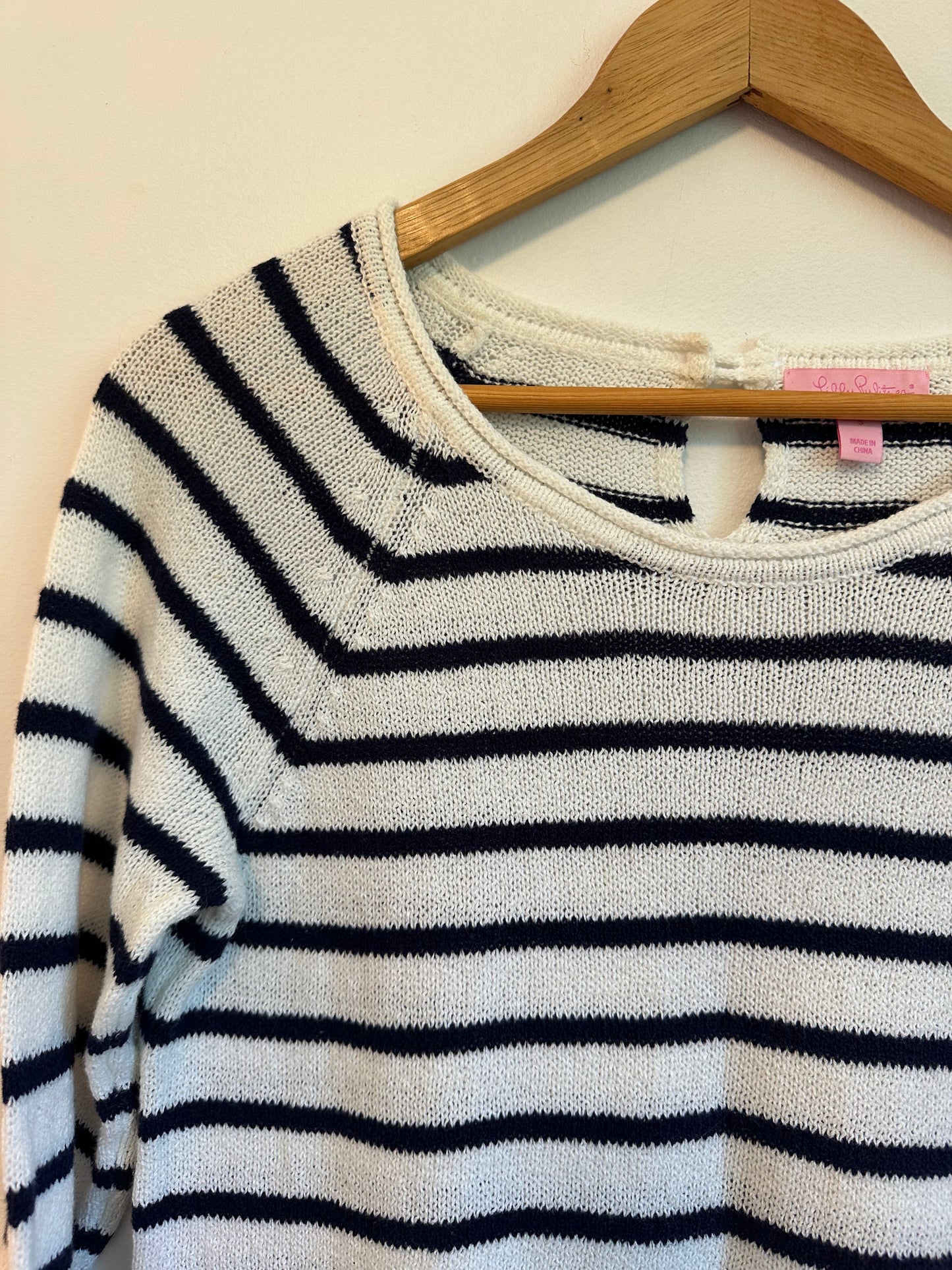 Lilly Pulitzer Navy and White Striped Cotton Knit Keyhole Back Sweater | Size Small