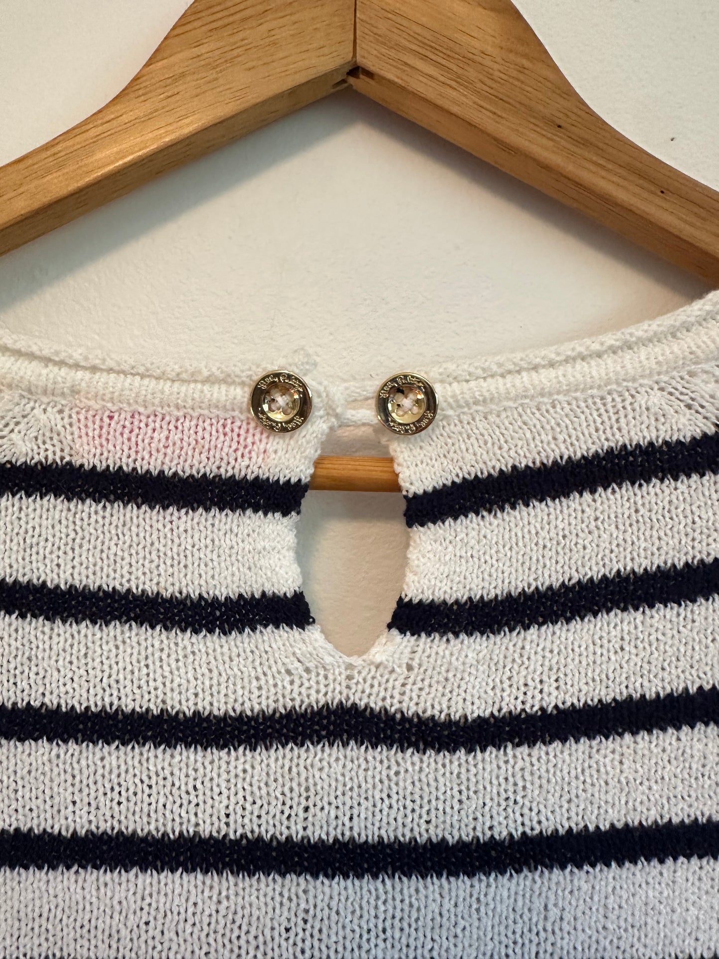 Lilly Pulitzer Navy and White Striped Cotton Knit Keyhole Back Sweater | Size Small