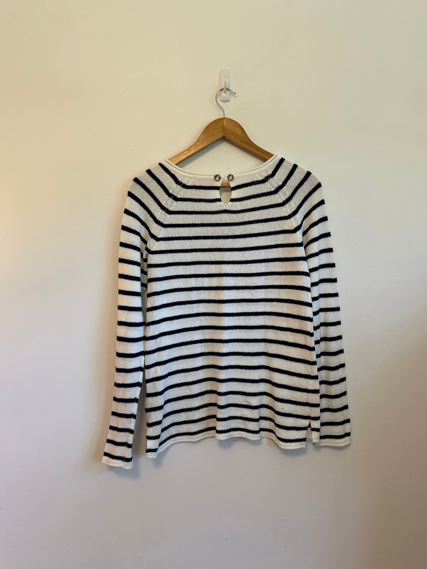 Lilly Pulitzer Navy and White Striped Cotton Knit Keyhole Back Sweater | Size Small