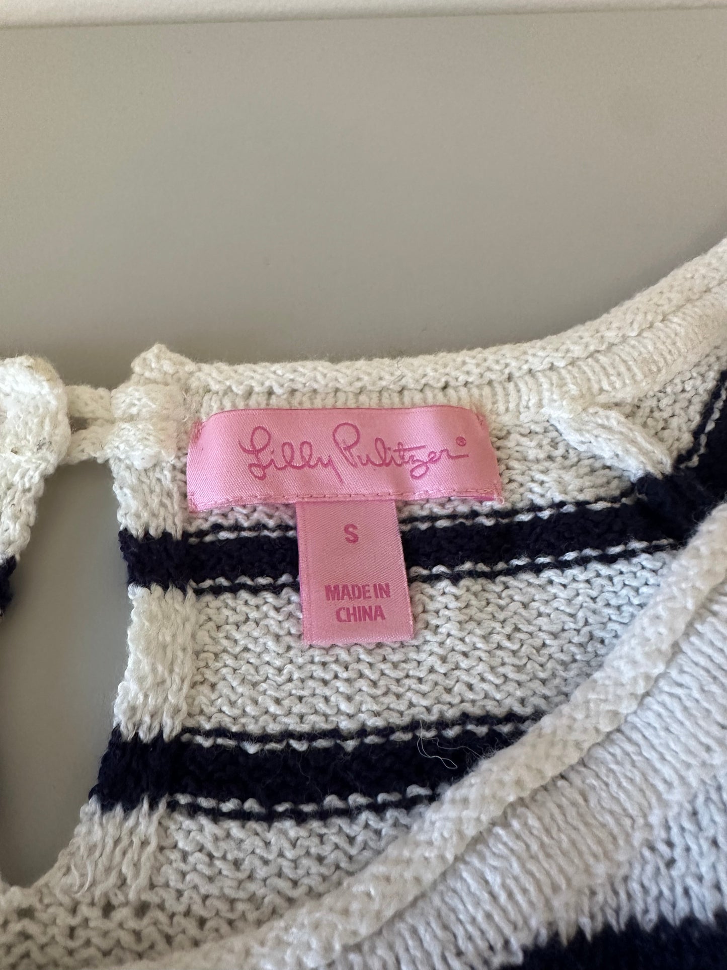 Lilly Pulitzer Navy and White Striped Cotton Knit Keyhole Back Sweater | Size Small