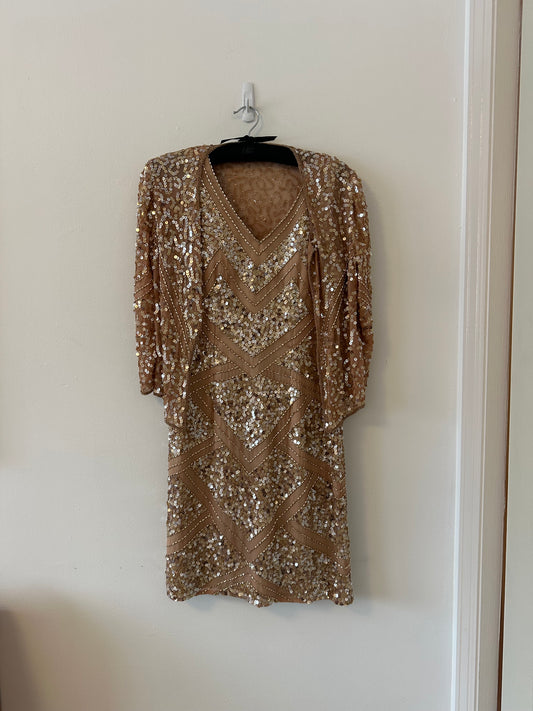 Shail K. Sequin and Beaded Rose Gold Silk Cocktail Dress | Size 8