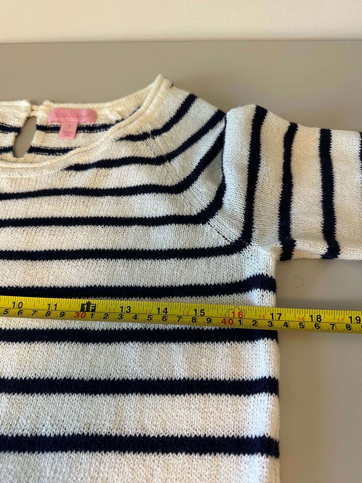Lilly Pulitzer Navy and White Striped Cotton Knit Keyhole Back Sweater | Size Small