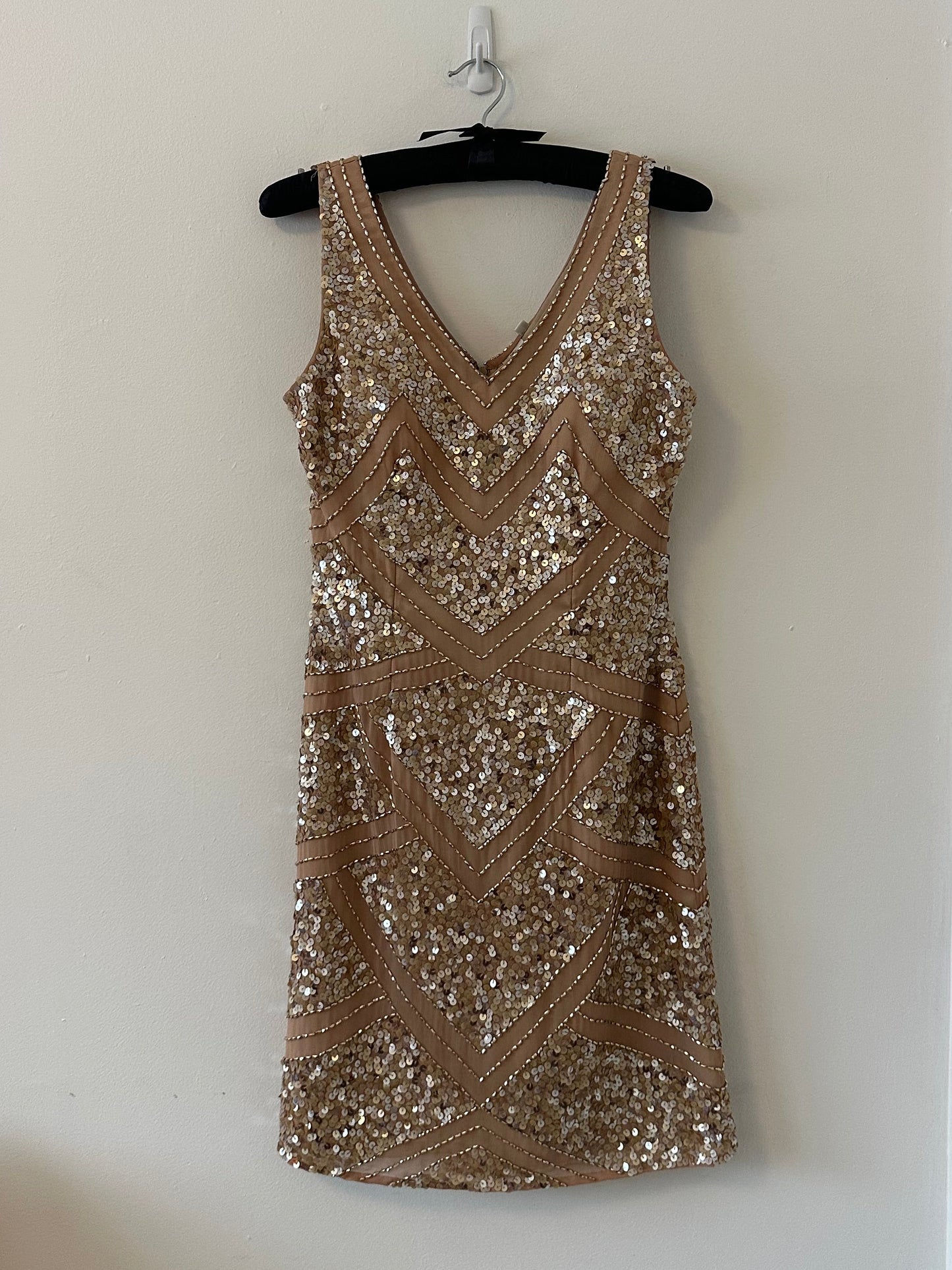 Shail K. Sequin and Beaded Rose Gold Silk Cocktail Dress | Size 8