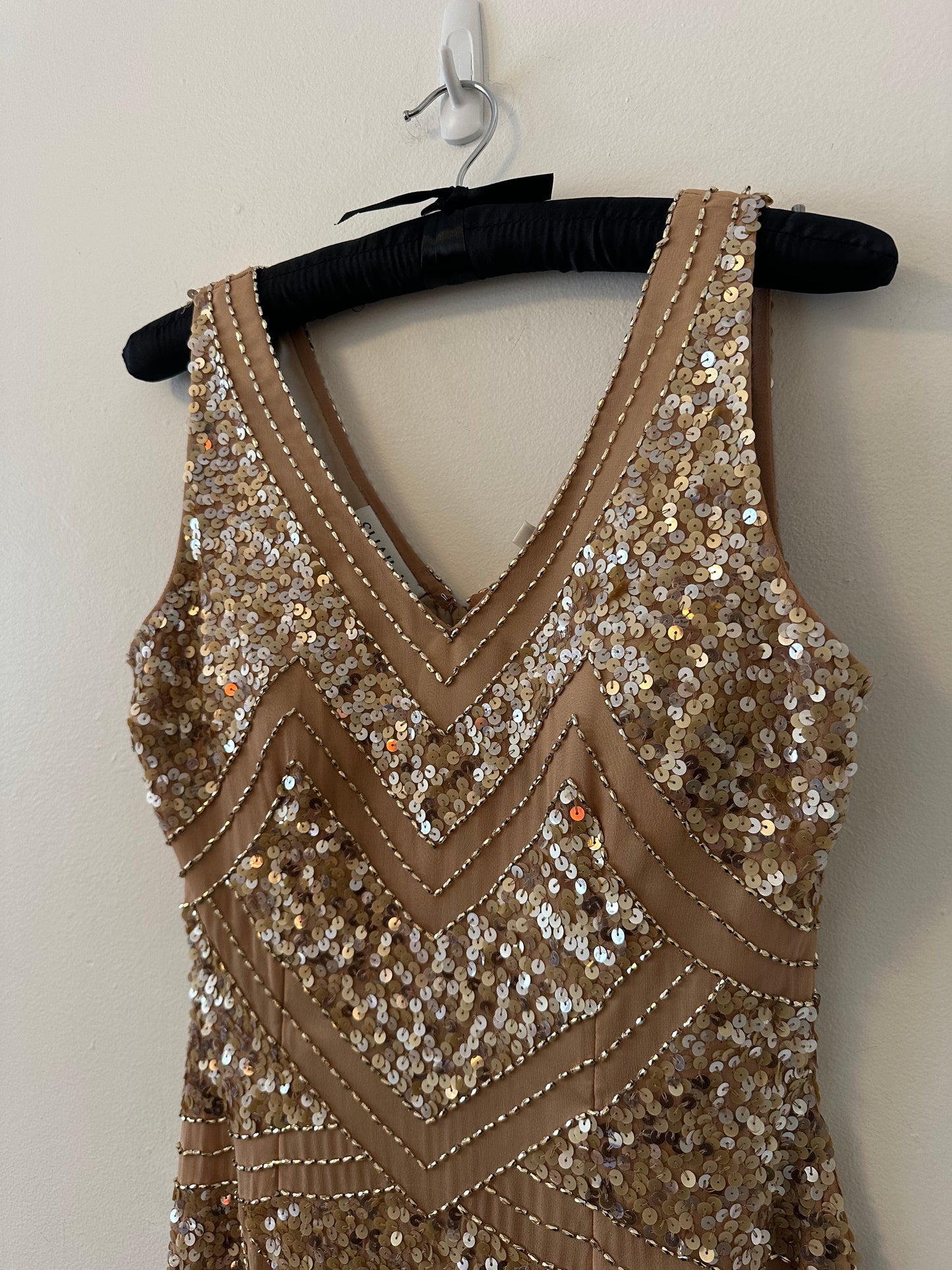 Shail K. Sequin and Beaded Rose Gold Silk Cocktail Dress | Size 8