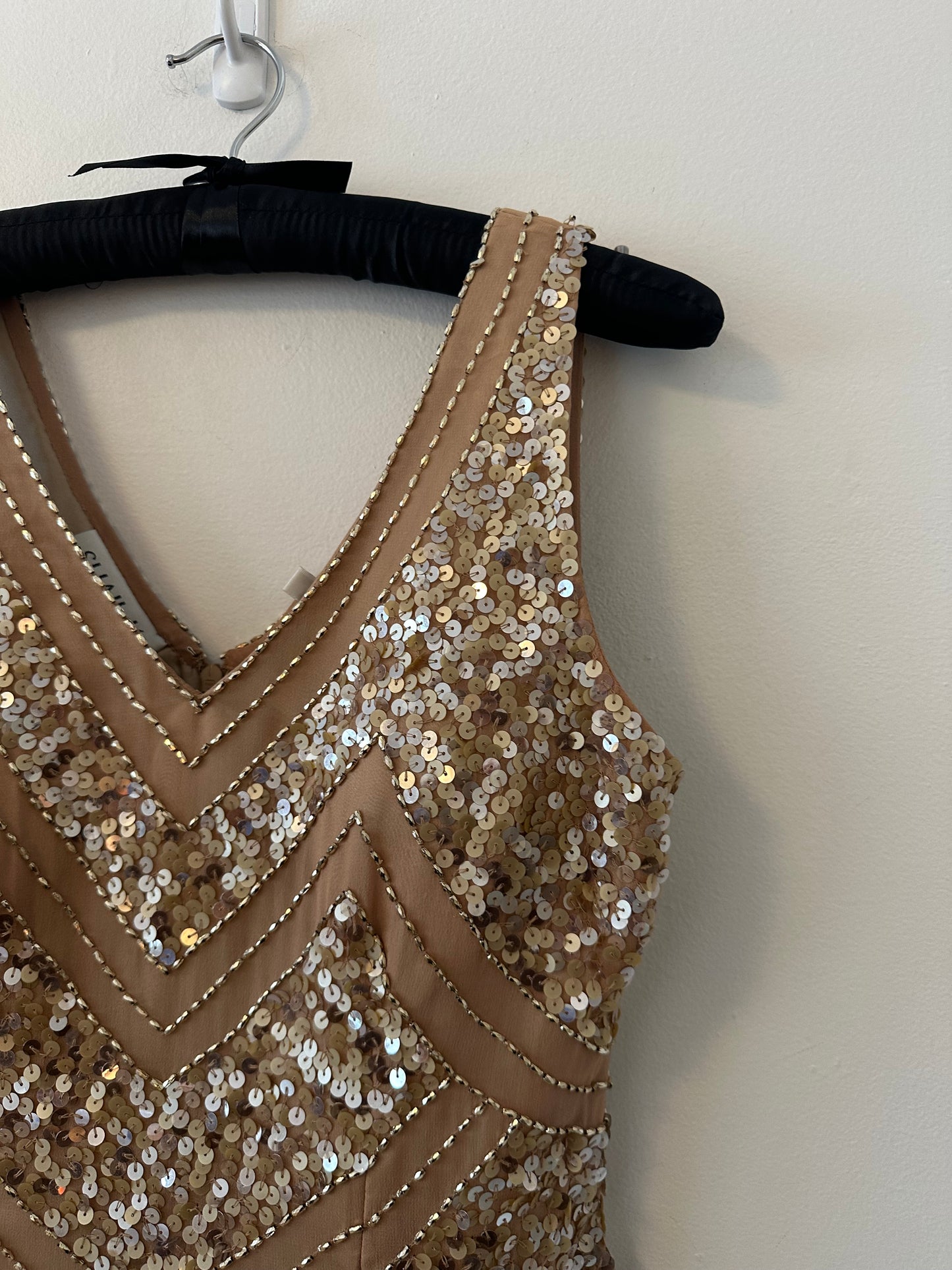 Shail K. Sequin and Beaded Rose Gold Silk Cocktail Dress | Size 8
