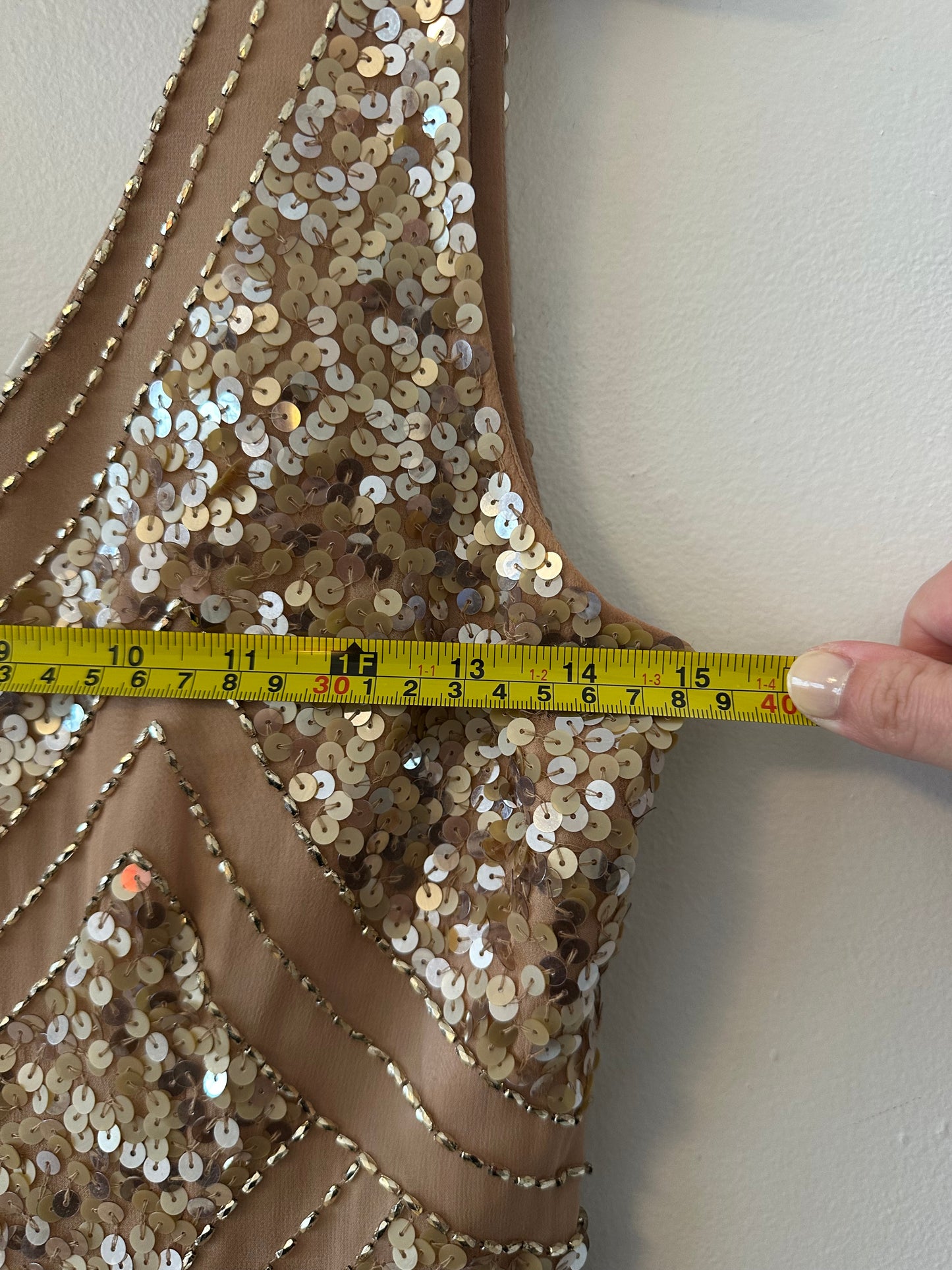 Shail K. Sequin and Beaded Rose Gold Silk Cocktail Dress | Size 8